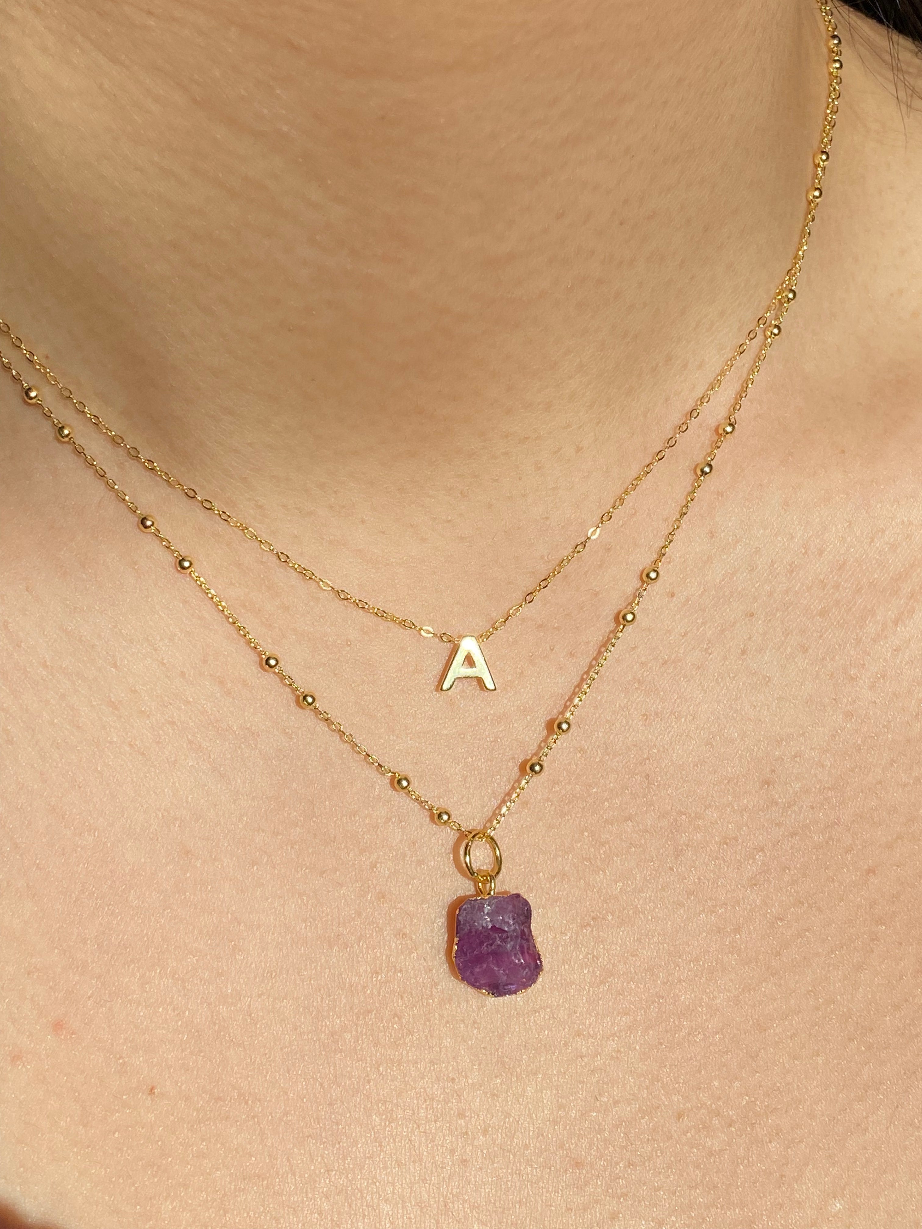 Alphabet + Flat Birthstone Necklace Set - February