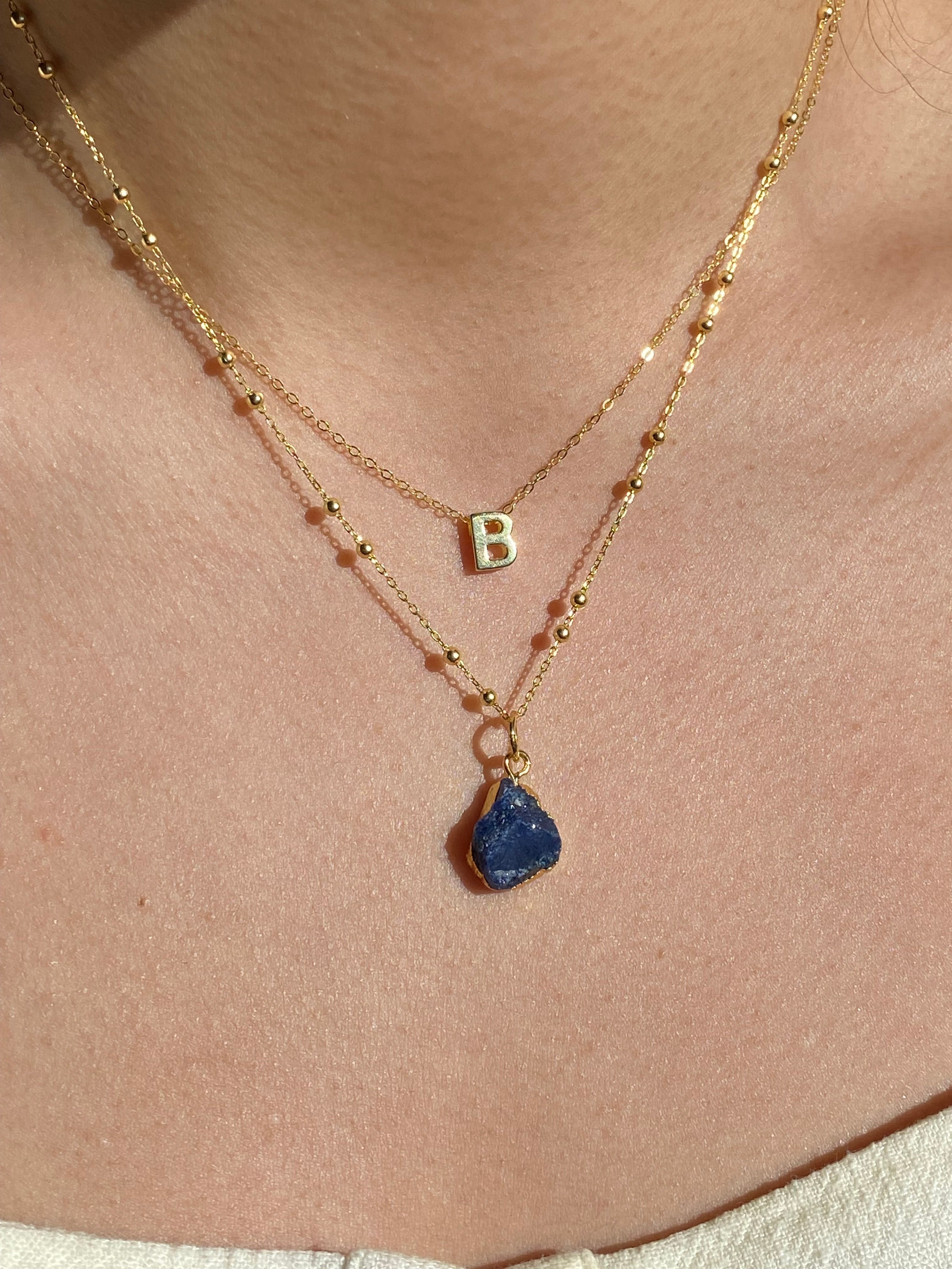 Alphabet + Flat Birthstone Necklace Set - September