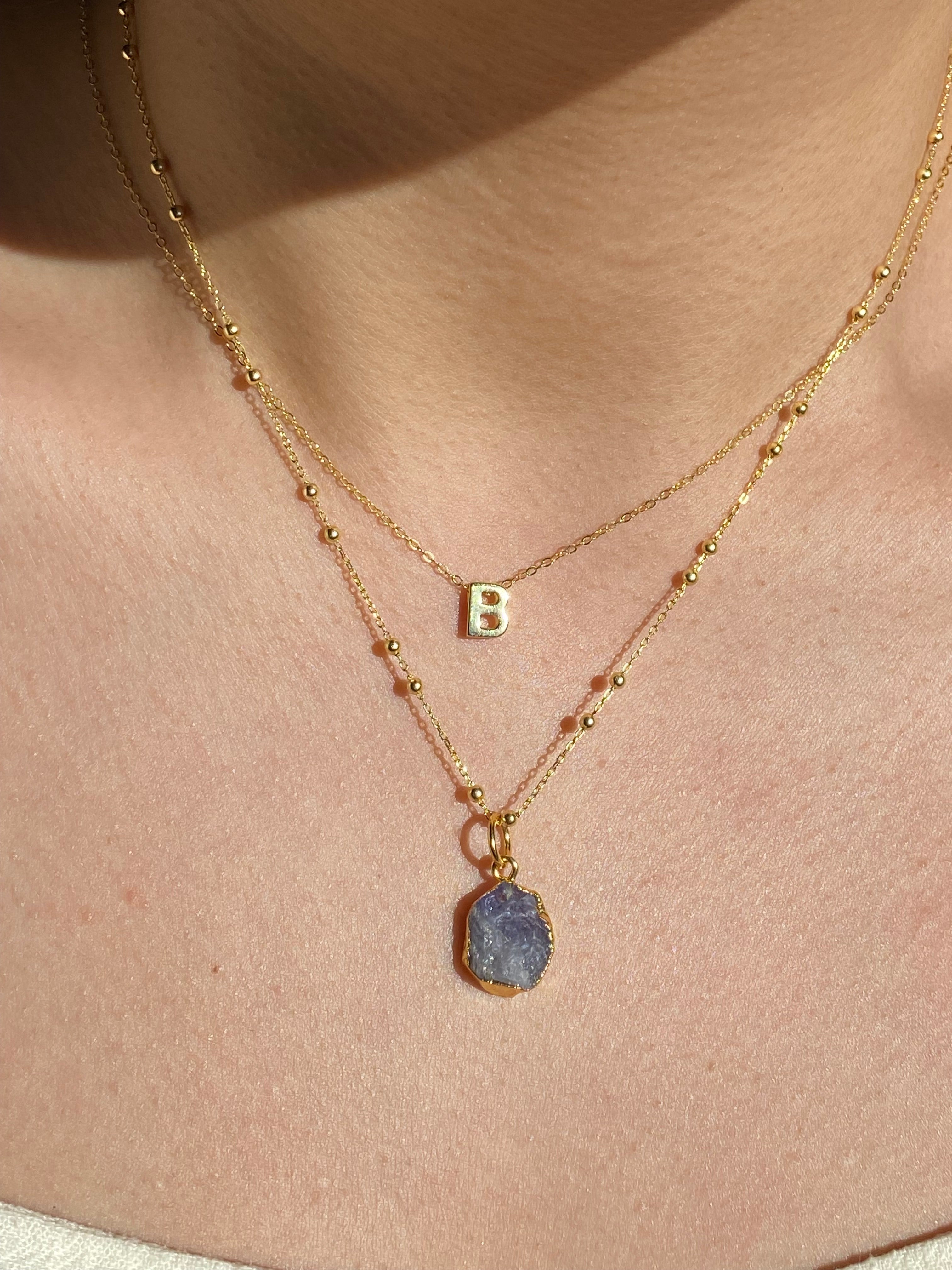 Alphabet + Flat Birthstone Necklace Set - December