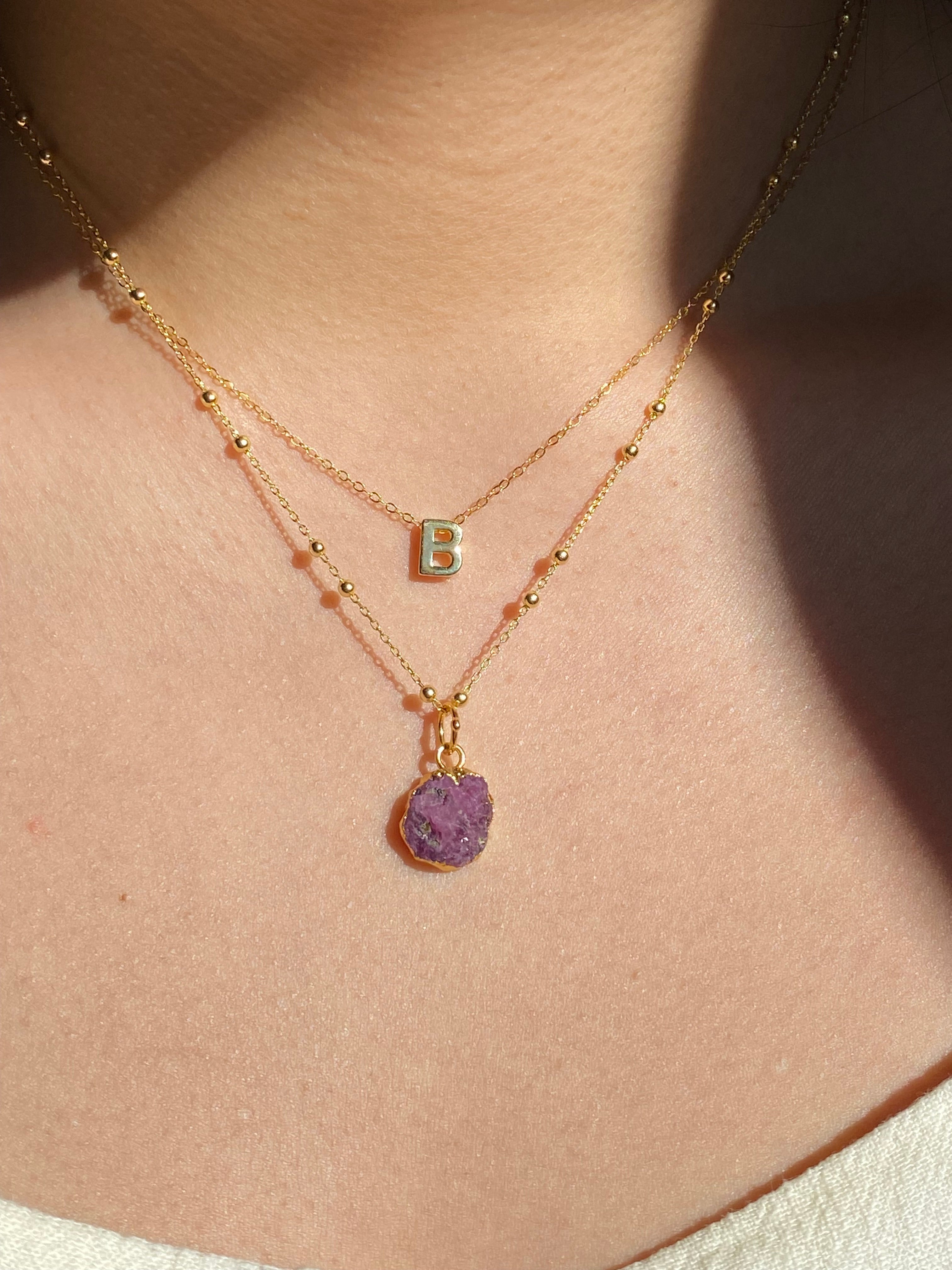 Alphabet + Flat Birthstone Necklace Set - July
