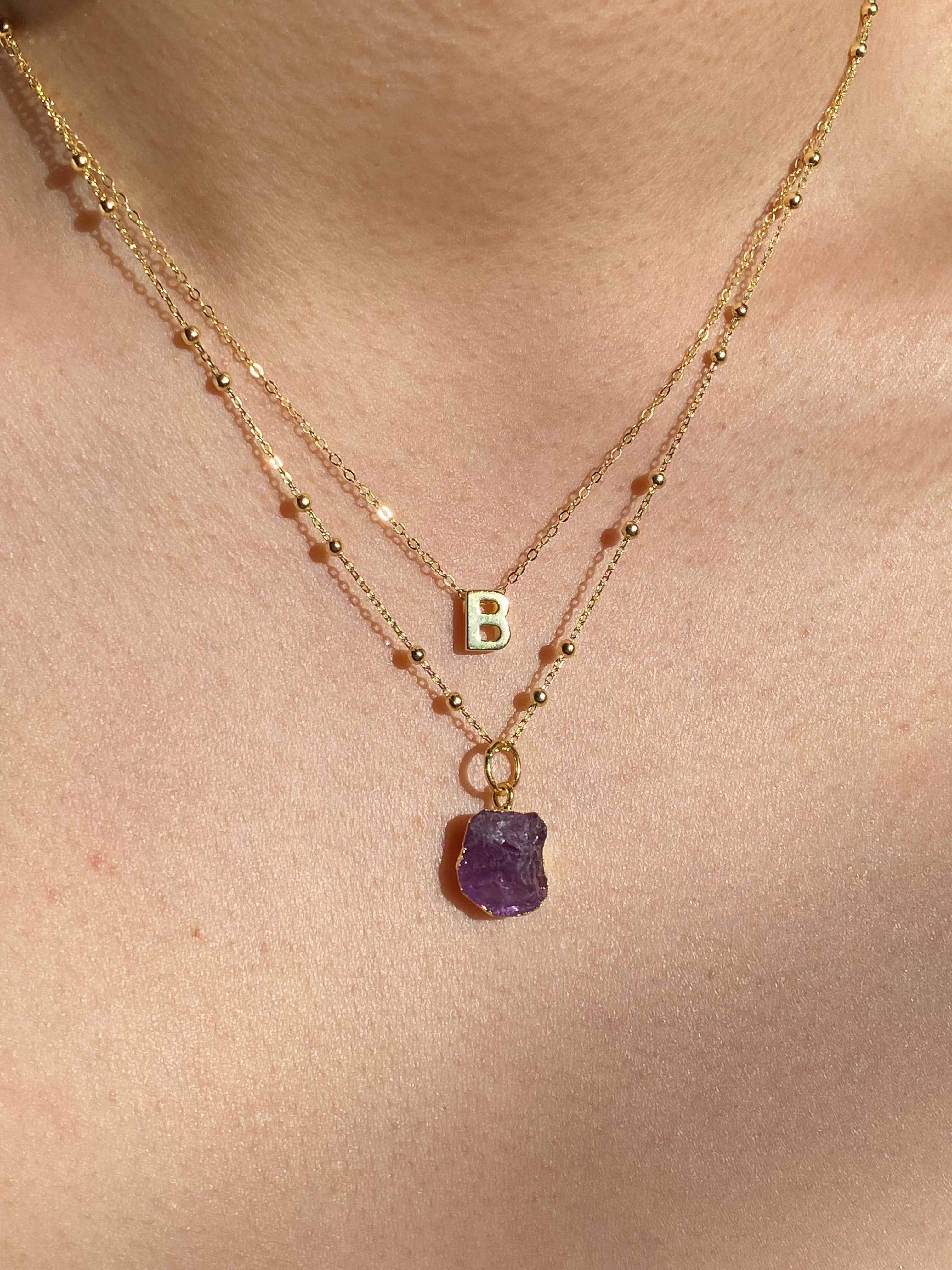 Alphabet + Flat Birthstone Necklace Set - February