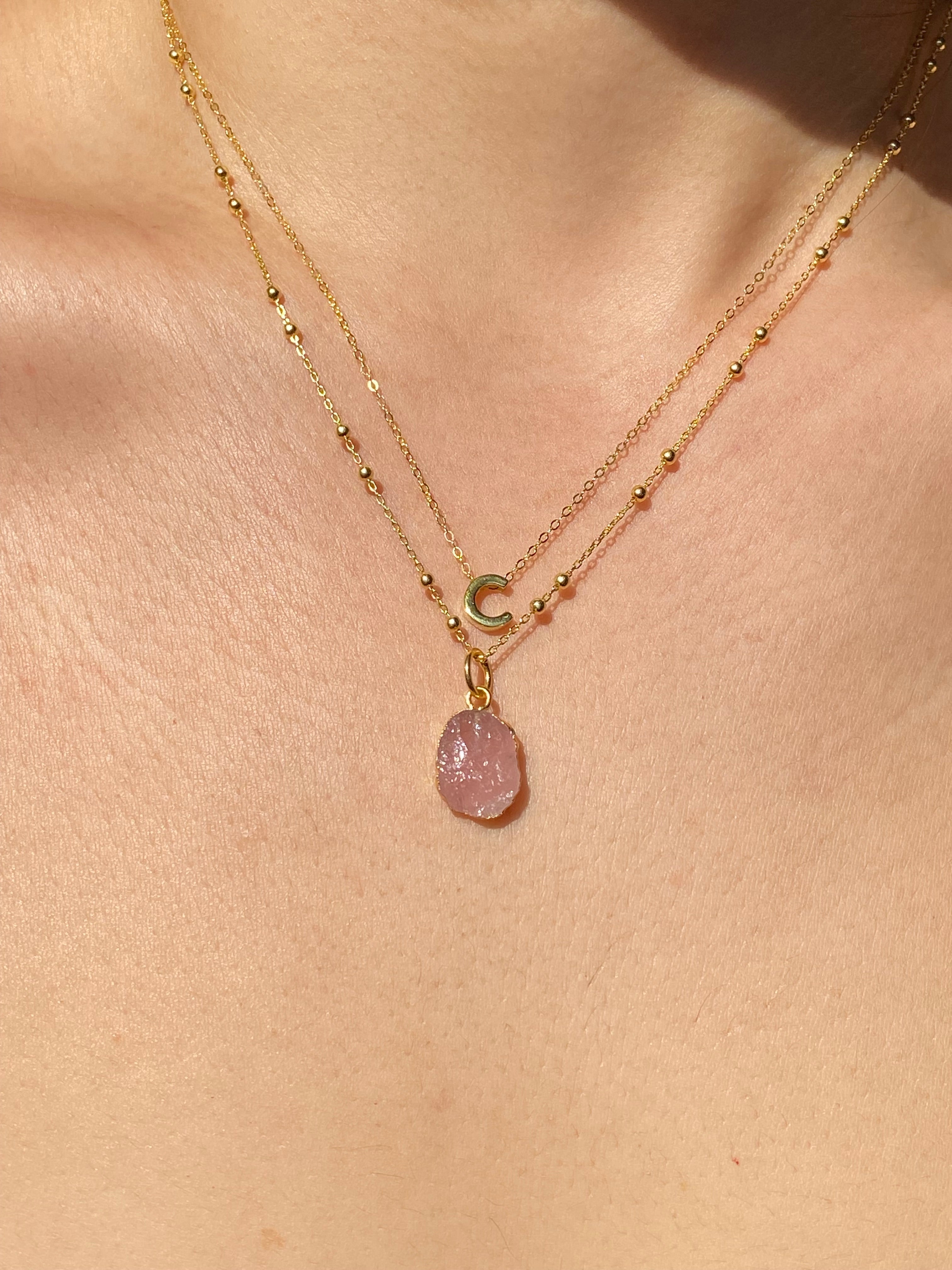 Initial & Rose Quartz Necklace Set | October Birthstone