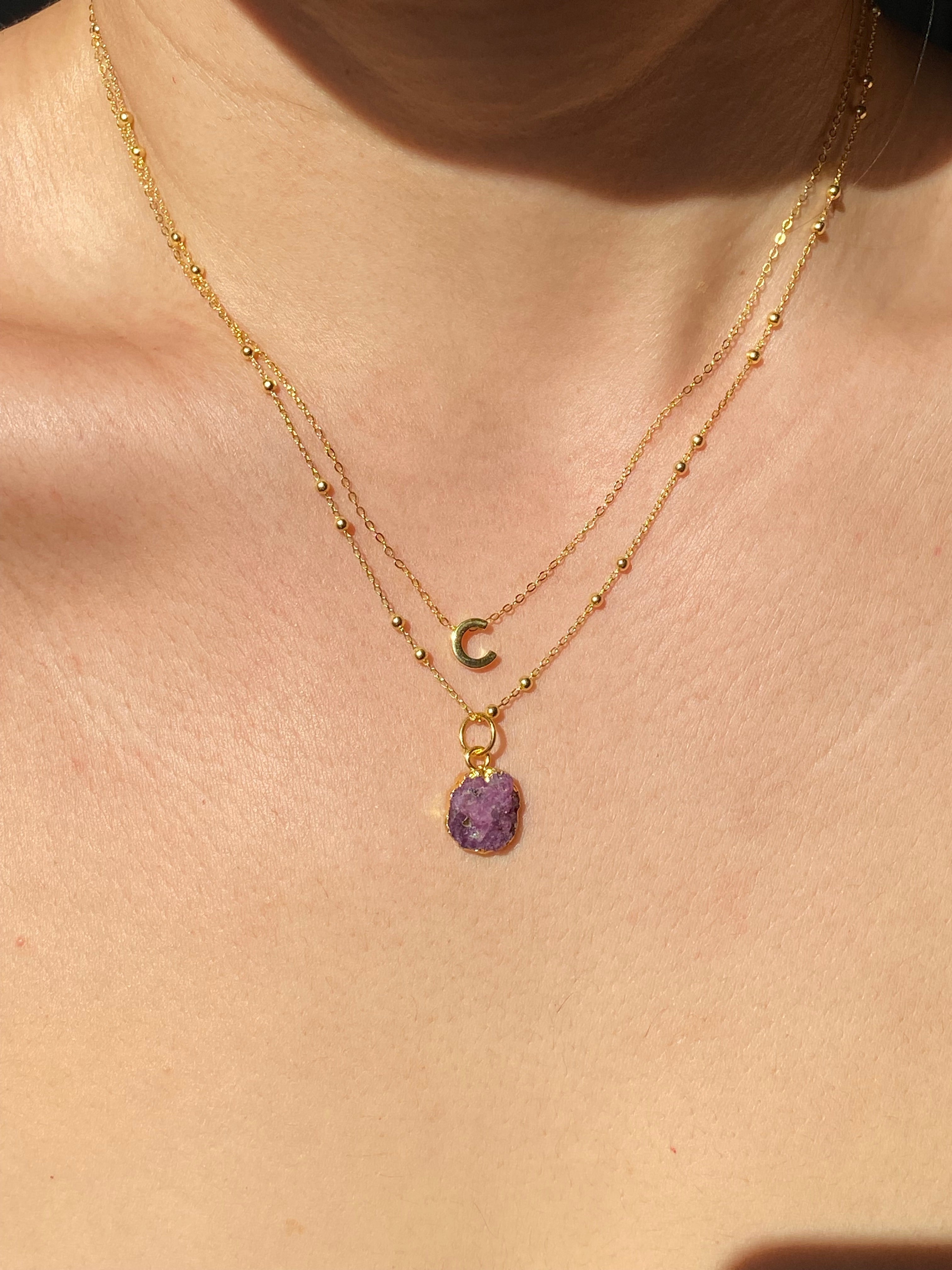 Alphabet + Flat Birthstone Necklace Set - July