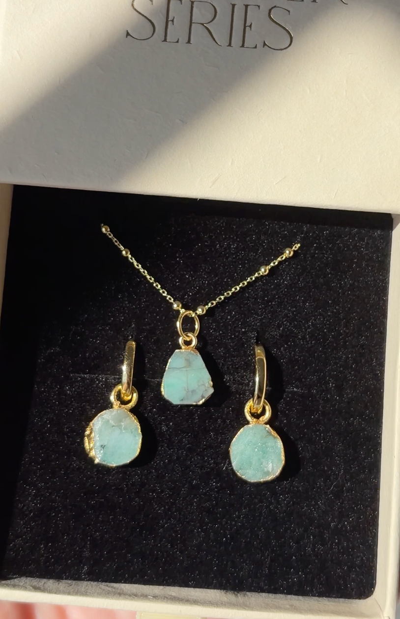 A gold jewelry set with a pendant necklace and matching drop earrings, each featuring a light blue-green teardrop stone, displayed on a black velvet insert inside a gift box.