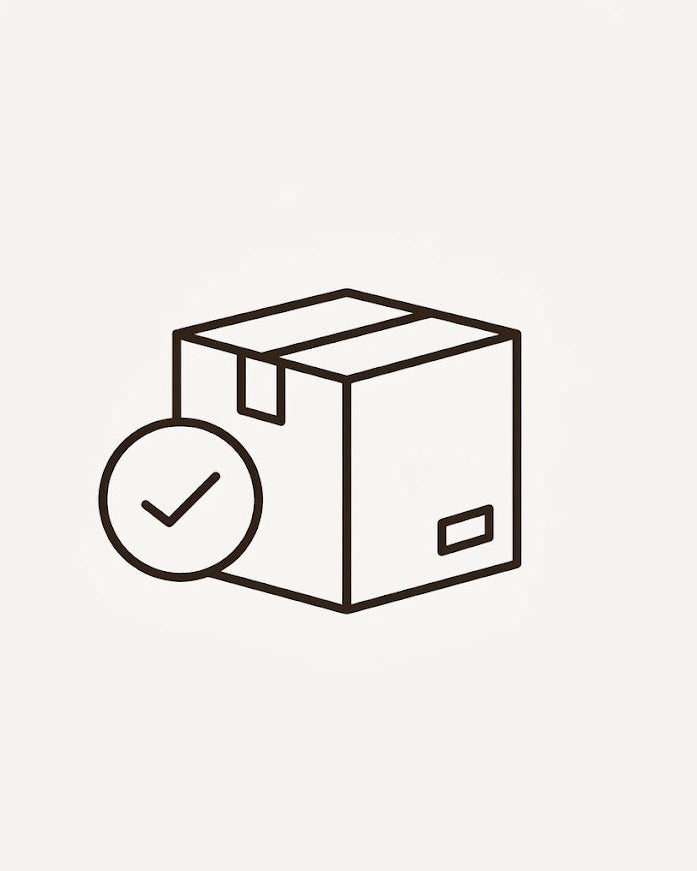 A minimalist black line icon of a cardboard shipping box with a checkmark circle overlay, centered on a solid off-white background.