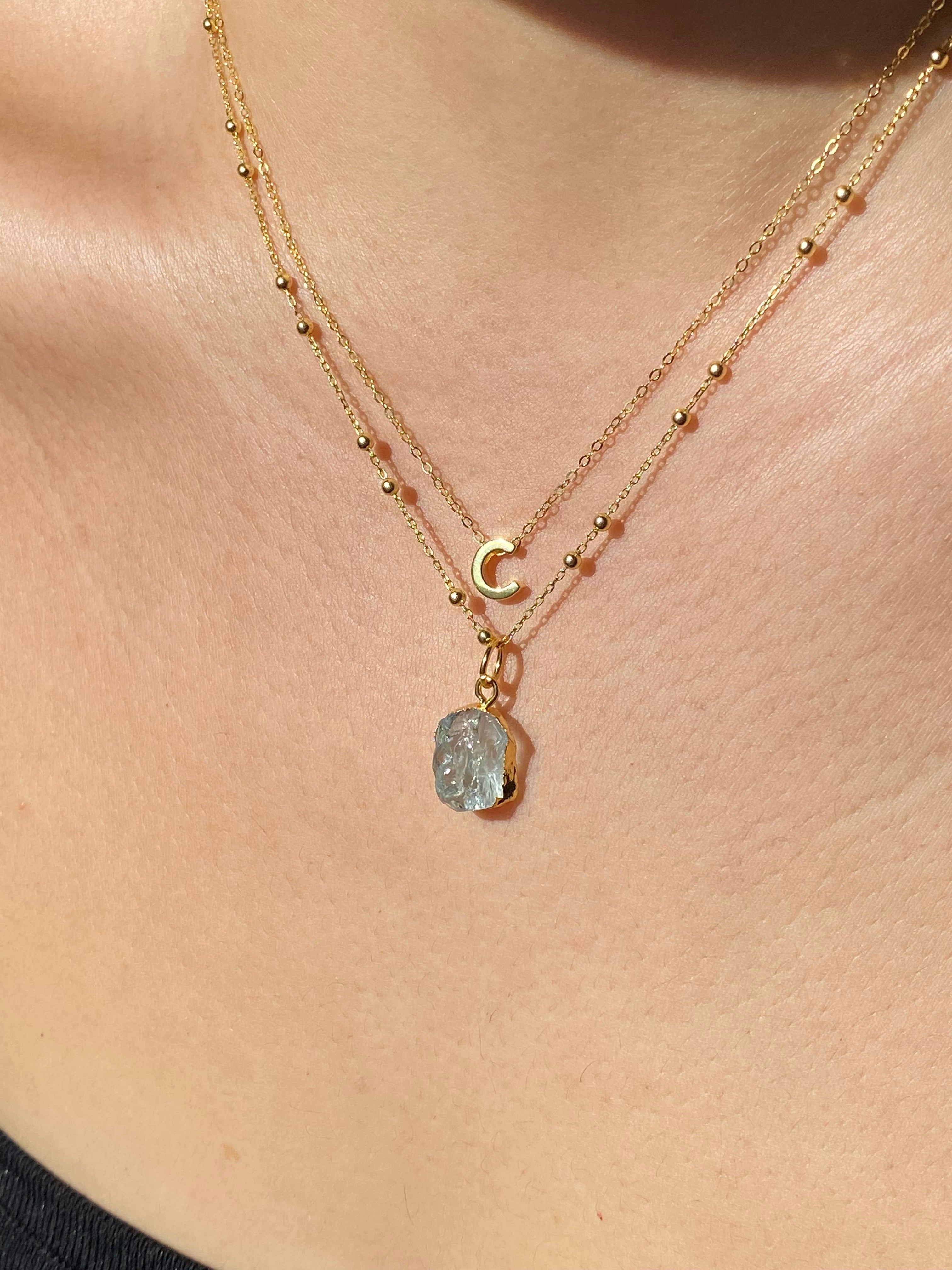 Alphabet + Flat Birthstone Necklace Set - March