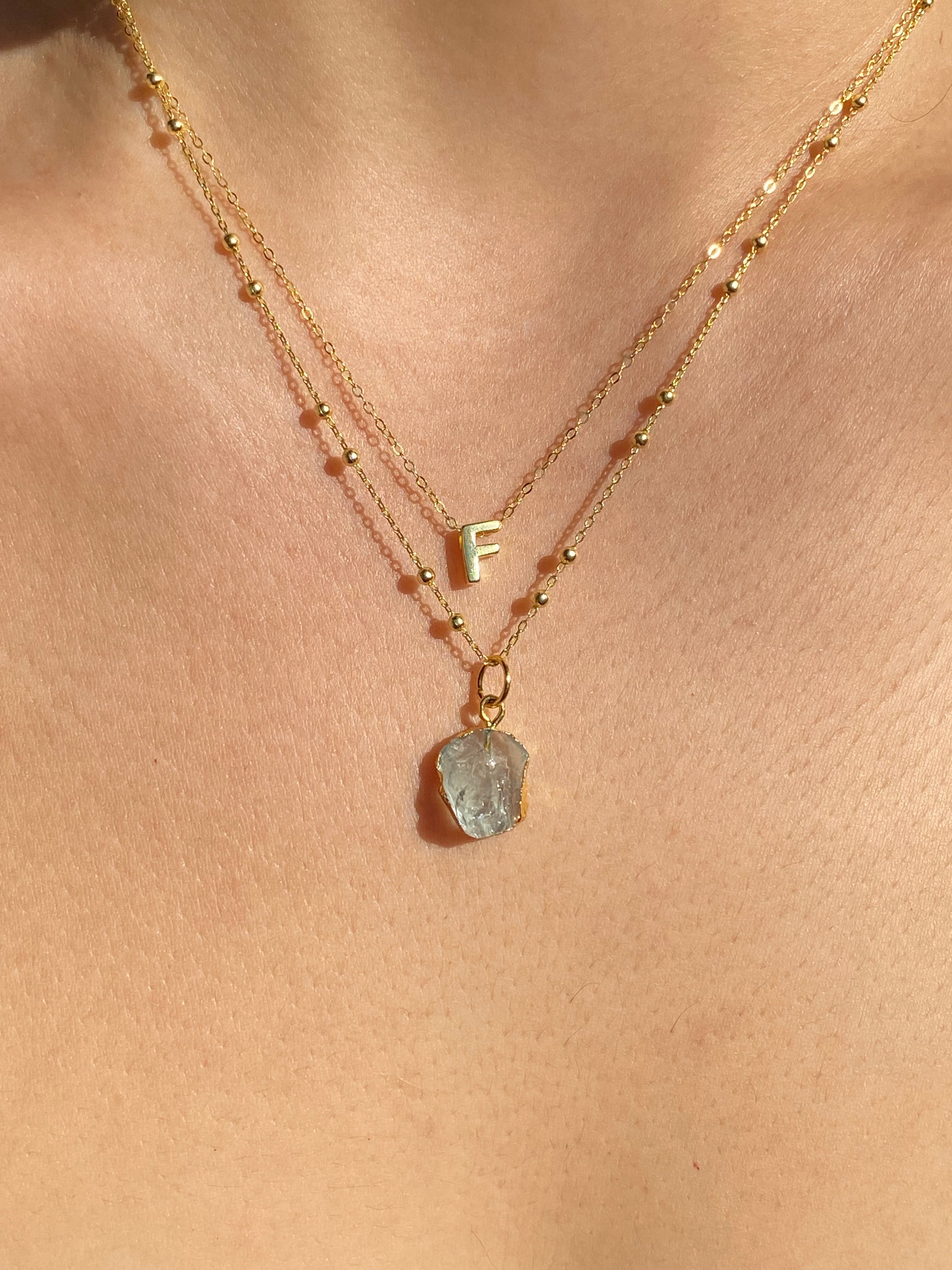 Alphabet + Flat Birthstone Necklace Set - March