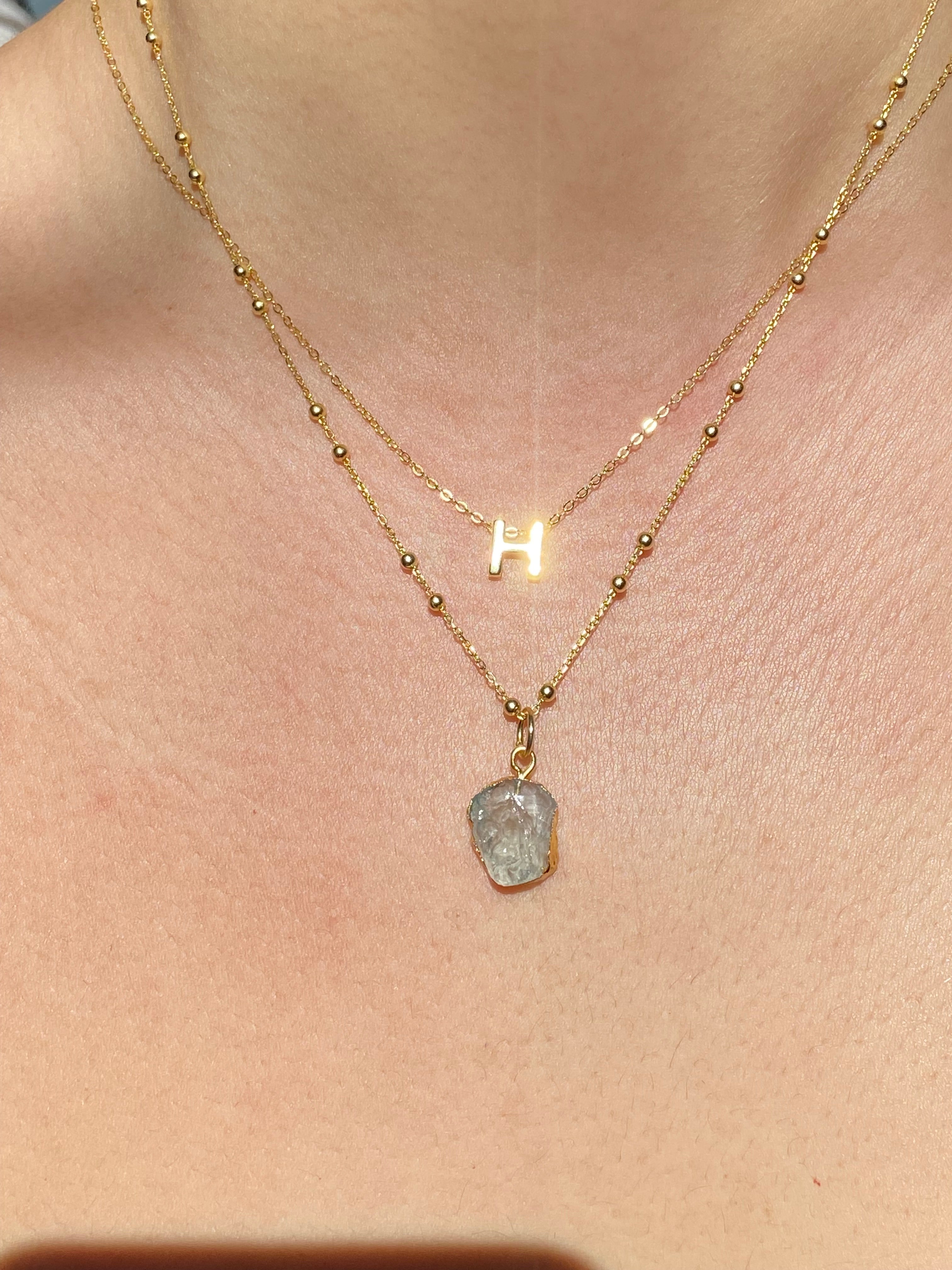Alphabet + Flat Birthstone Necklace Set - March