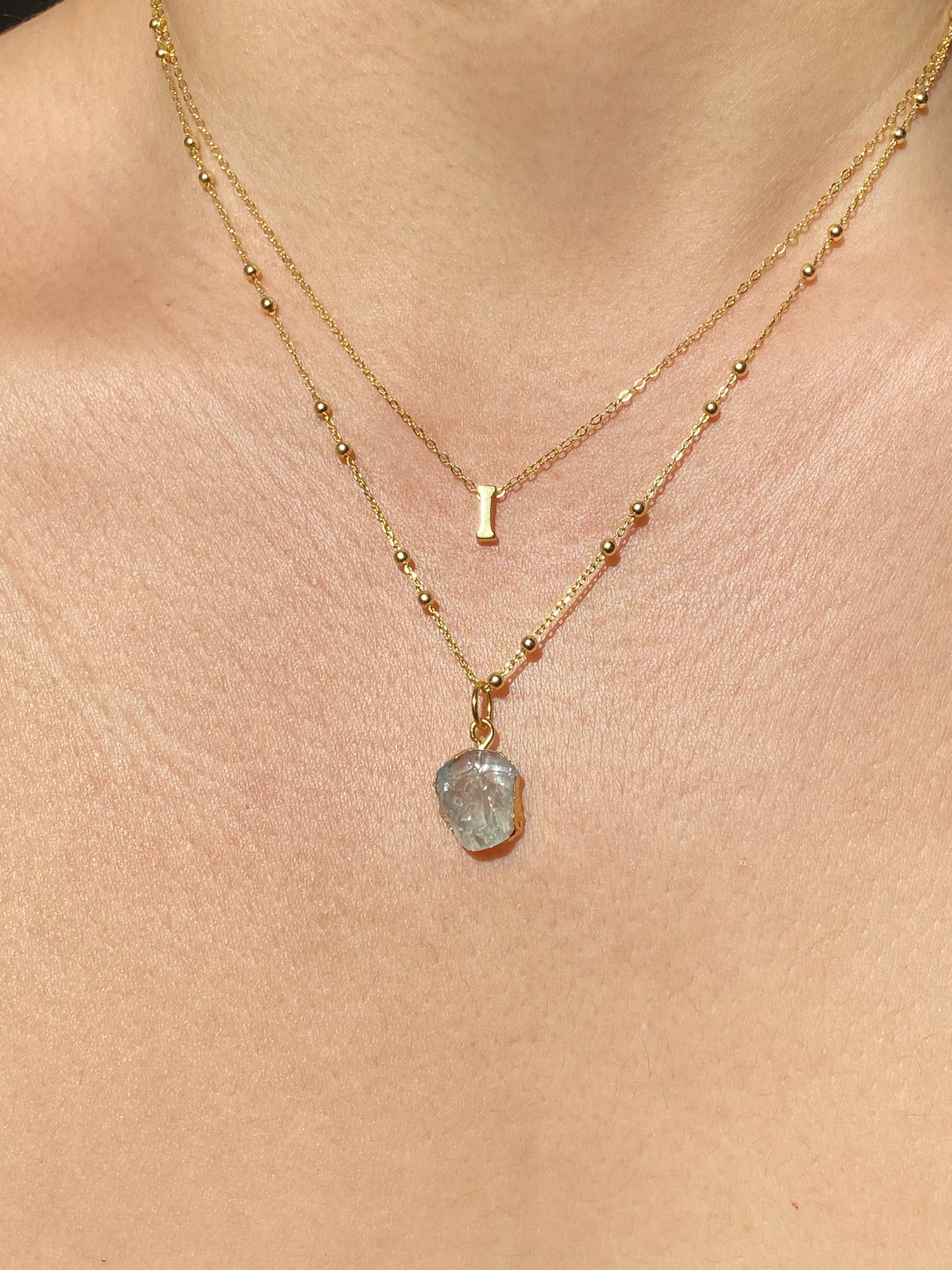 Alphabet + Flat Birthstone Necklace Set - March
