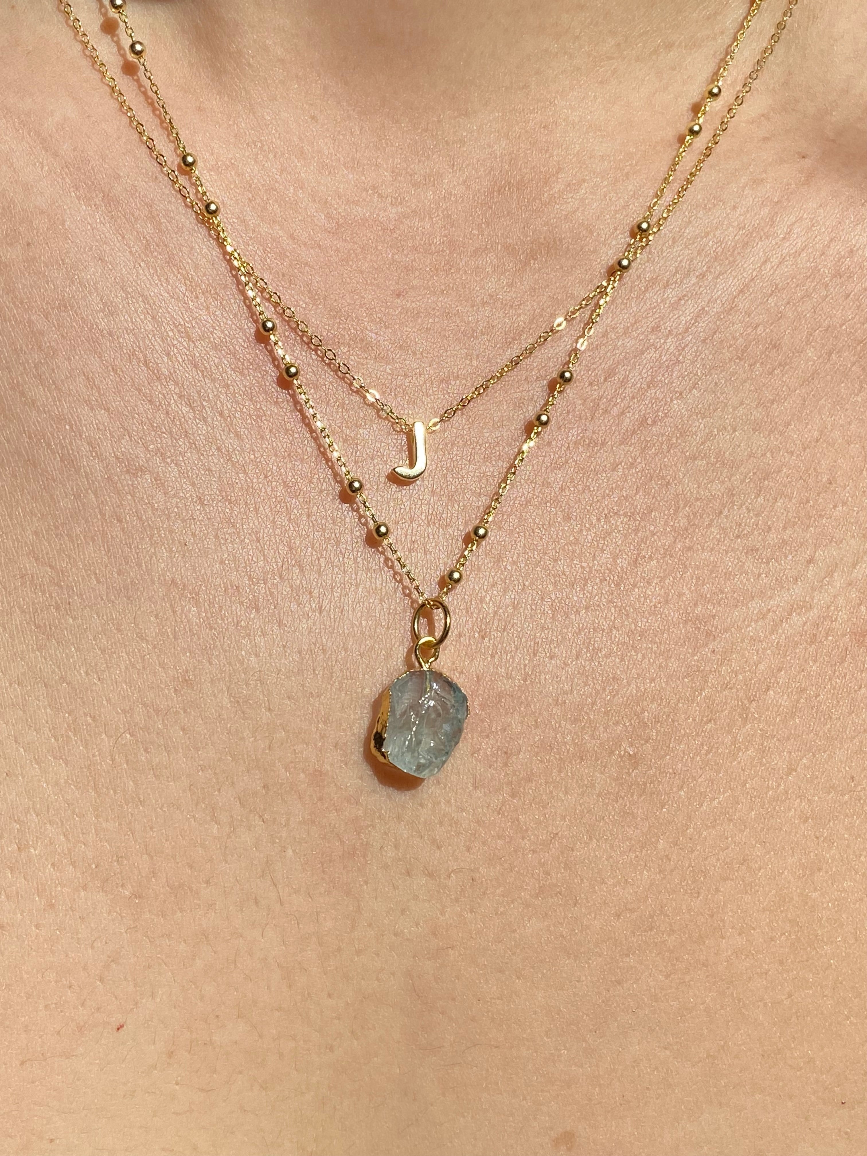 Alphabet + Flat Birthstone Necklace Set - March