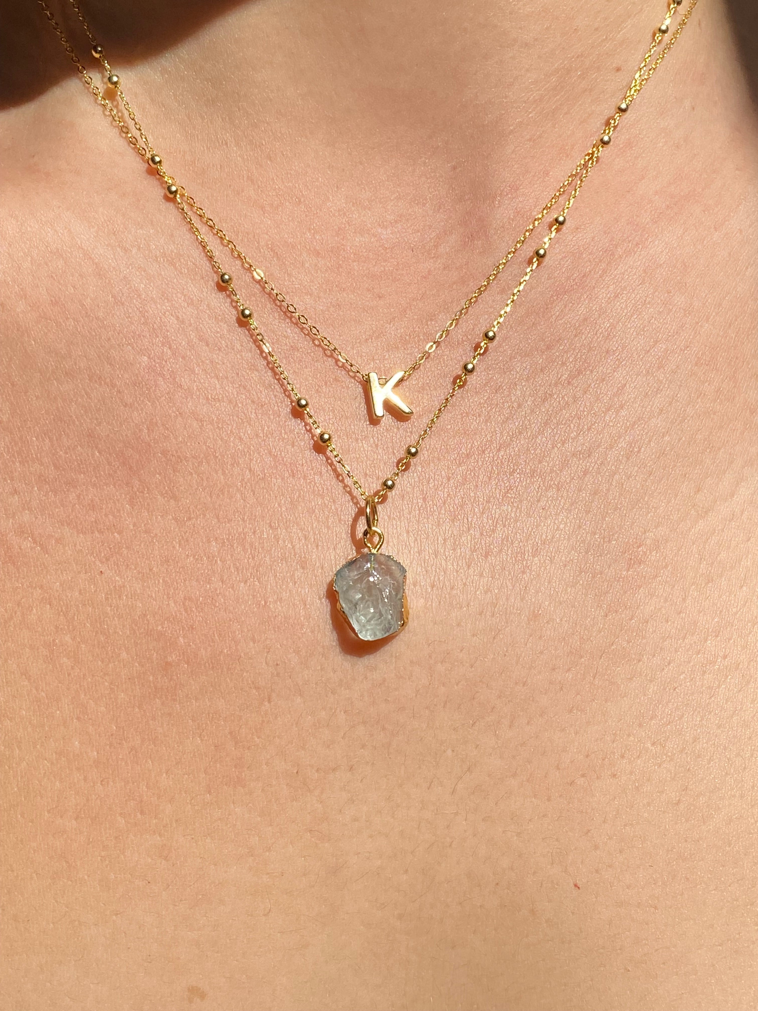 Alphabet + Flat Birthstone Necklace Set - March