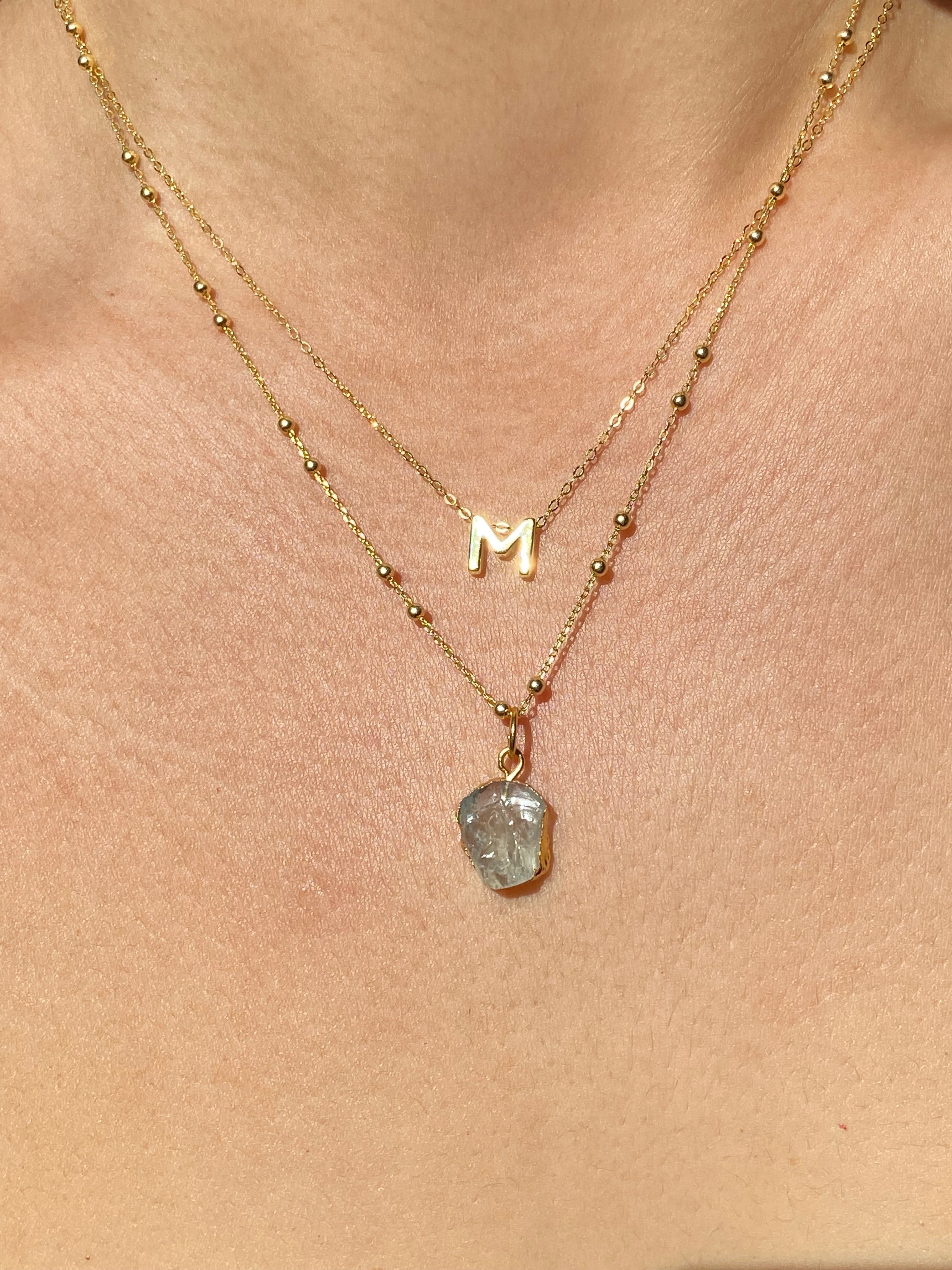 Alphabet + Flat Birthstone Necklace Set - March