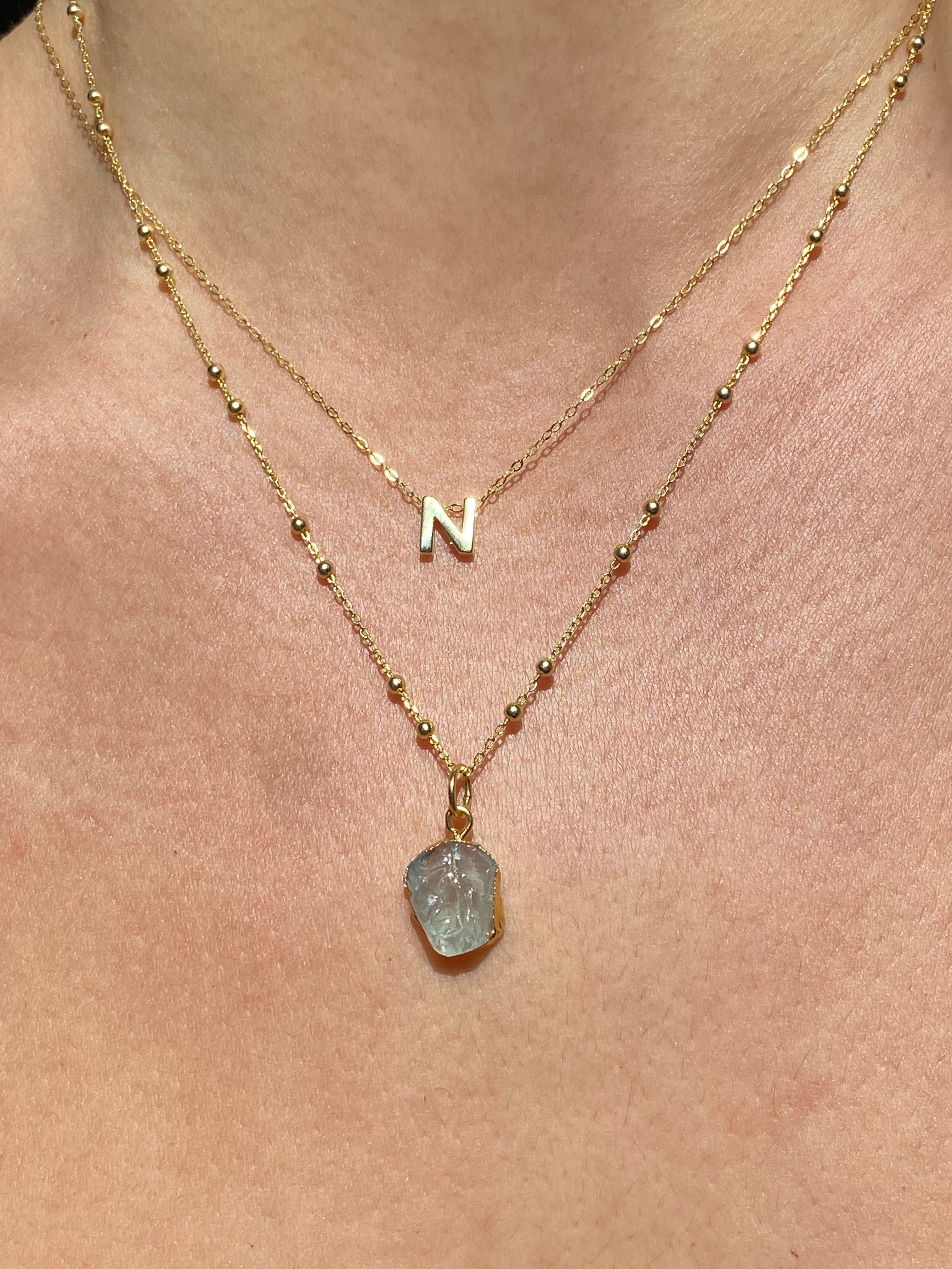 Alphabet + Flat Birthstone Necklace Set - March