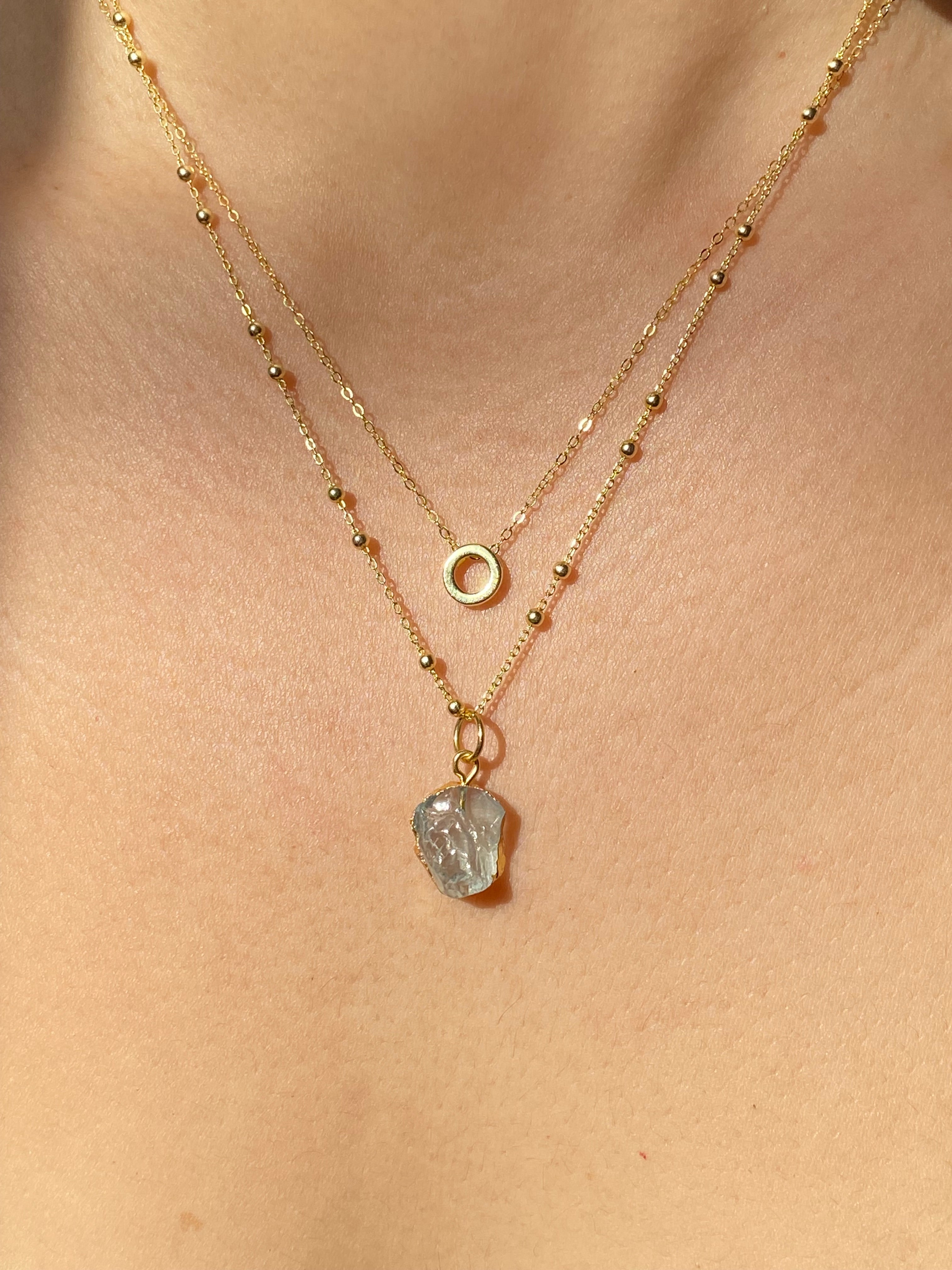 Alphabet + Flat Birthstone Necklace Set - March