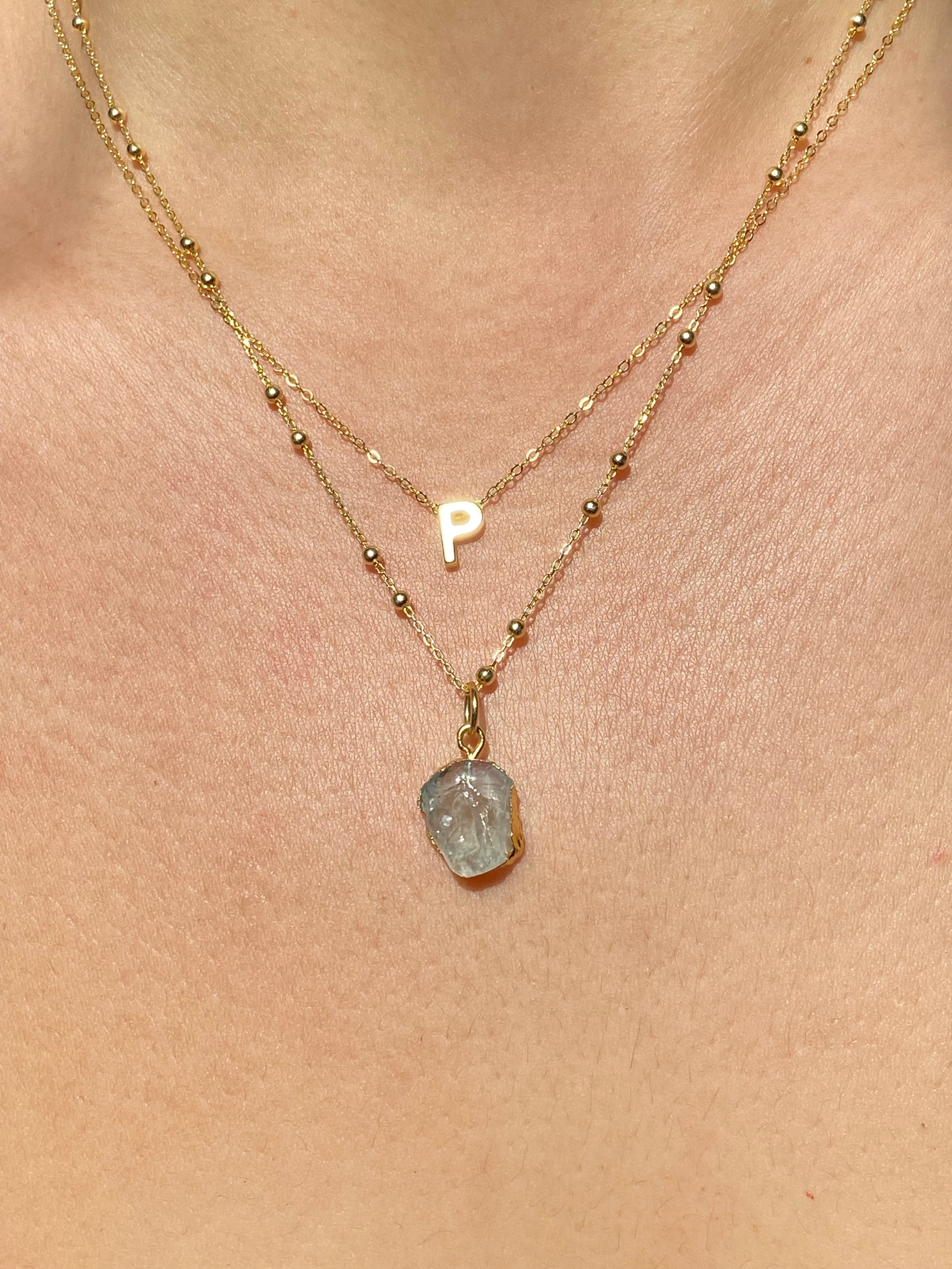 Alphabet + Flat Birthstone Necklace Set - March