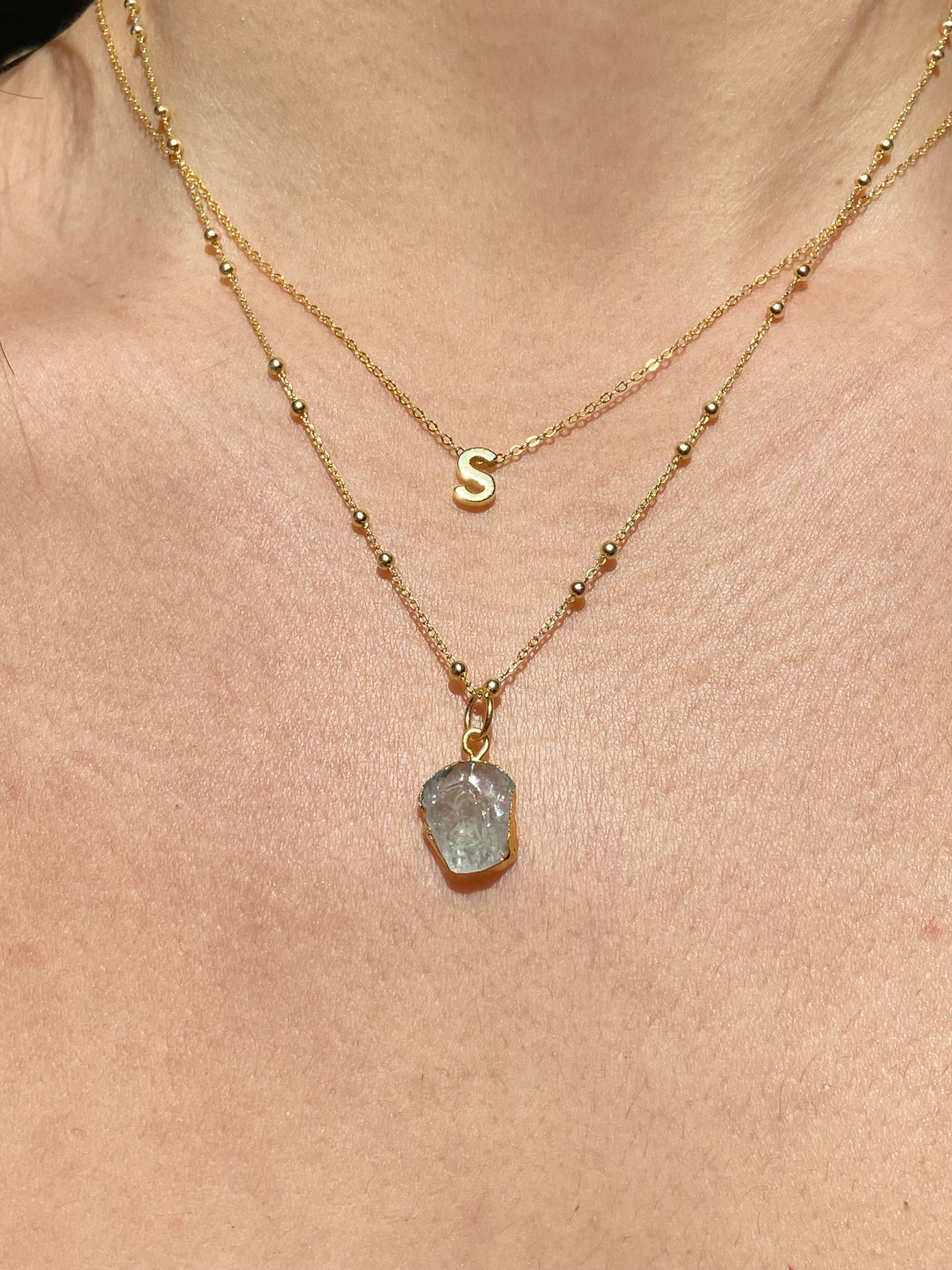 Alphabet + Flat Birthstone Necklace Set - March