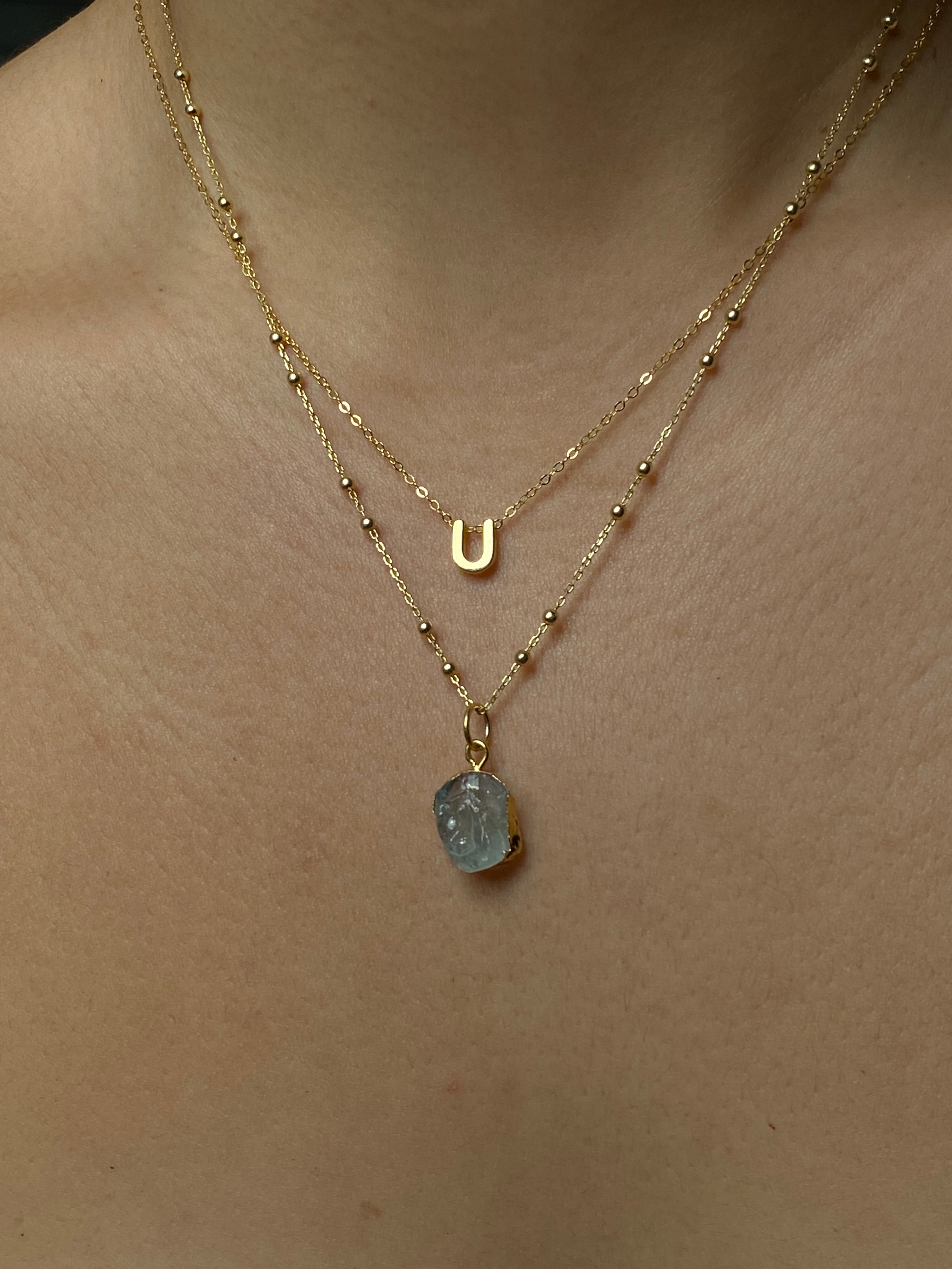 Alphabet + Flat Birthstone Necklace Set - March