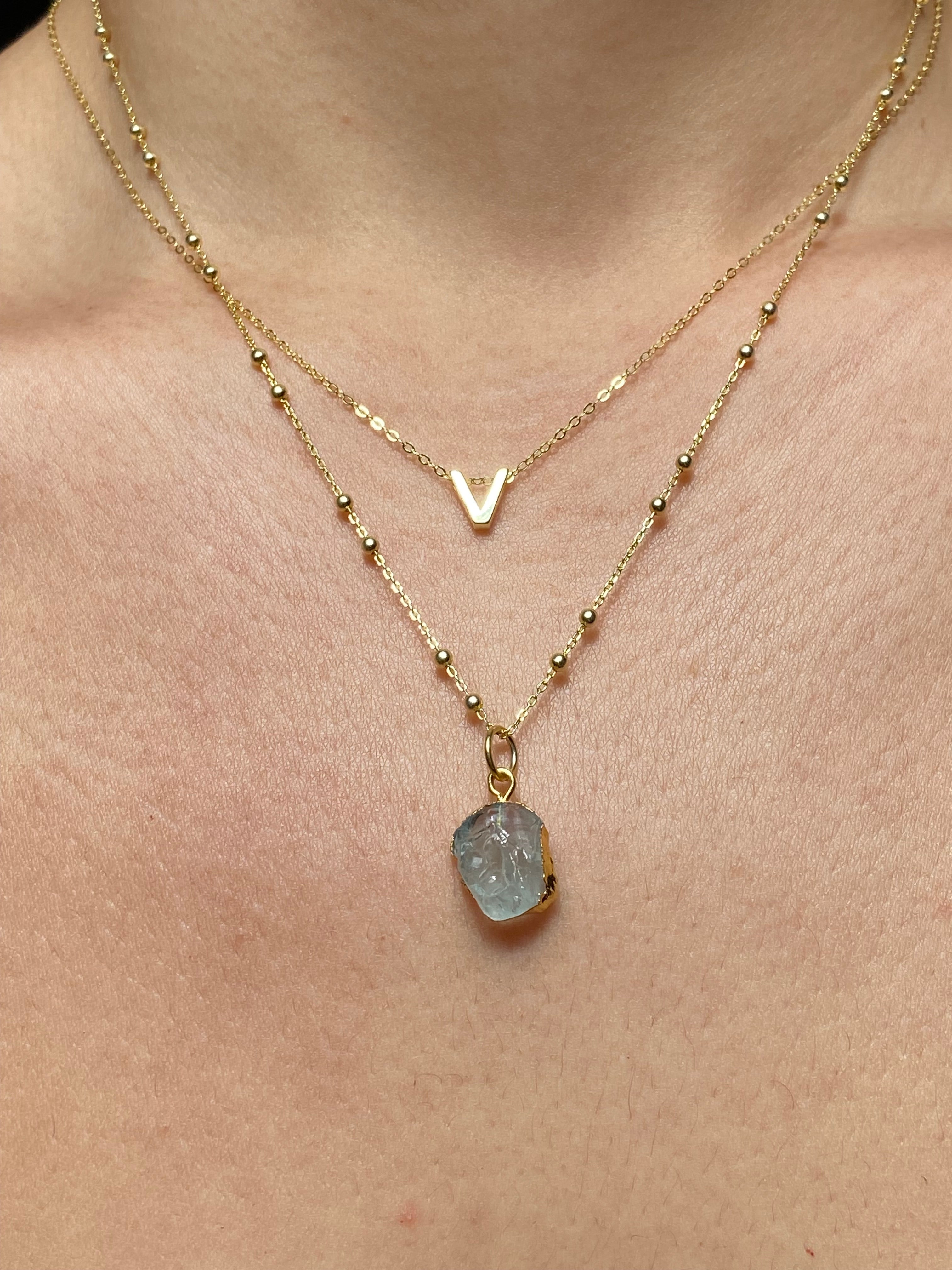 Alphabet + Flat Birthstone Necklace Set - March