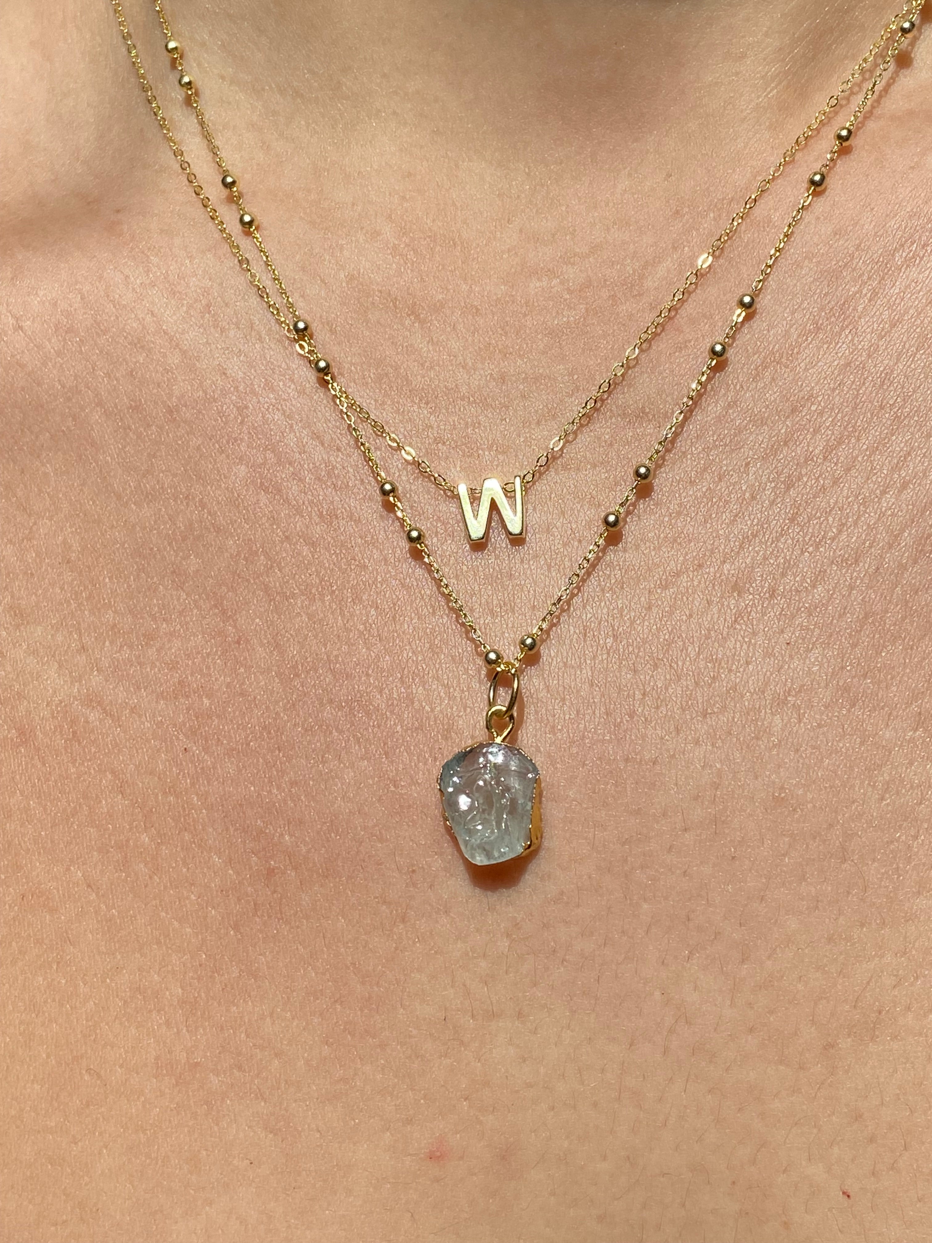 Alphabet + Flat Birthstone Necklace Set - March
