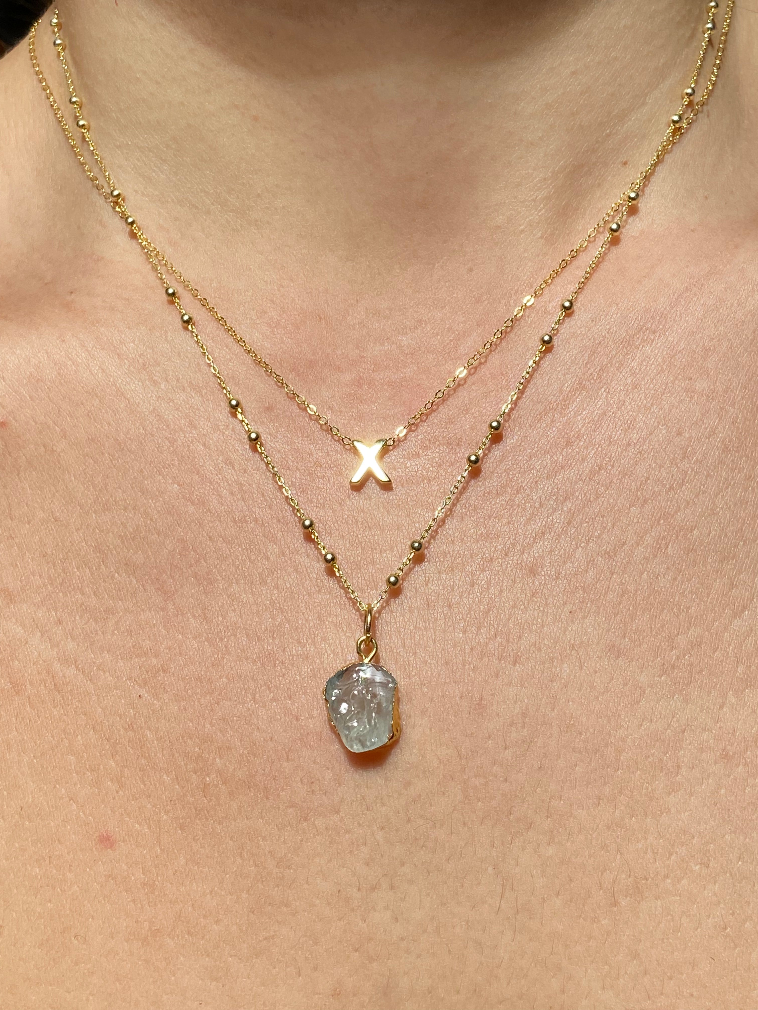 Alphabet + Flat Birthstone Necklace Set - March