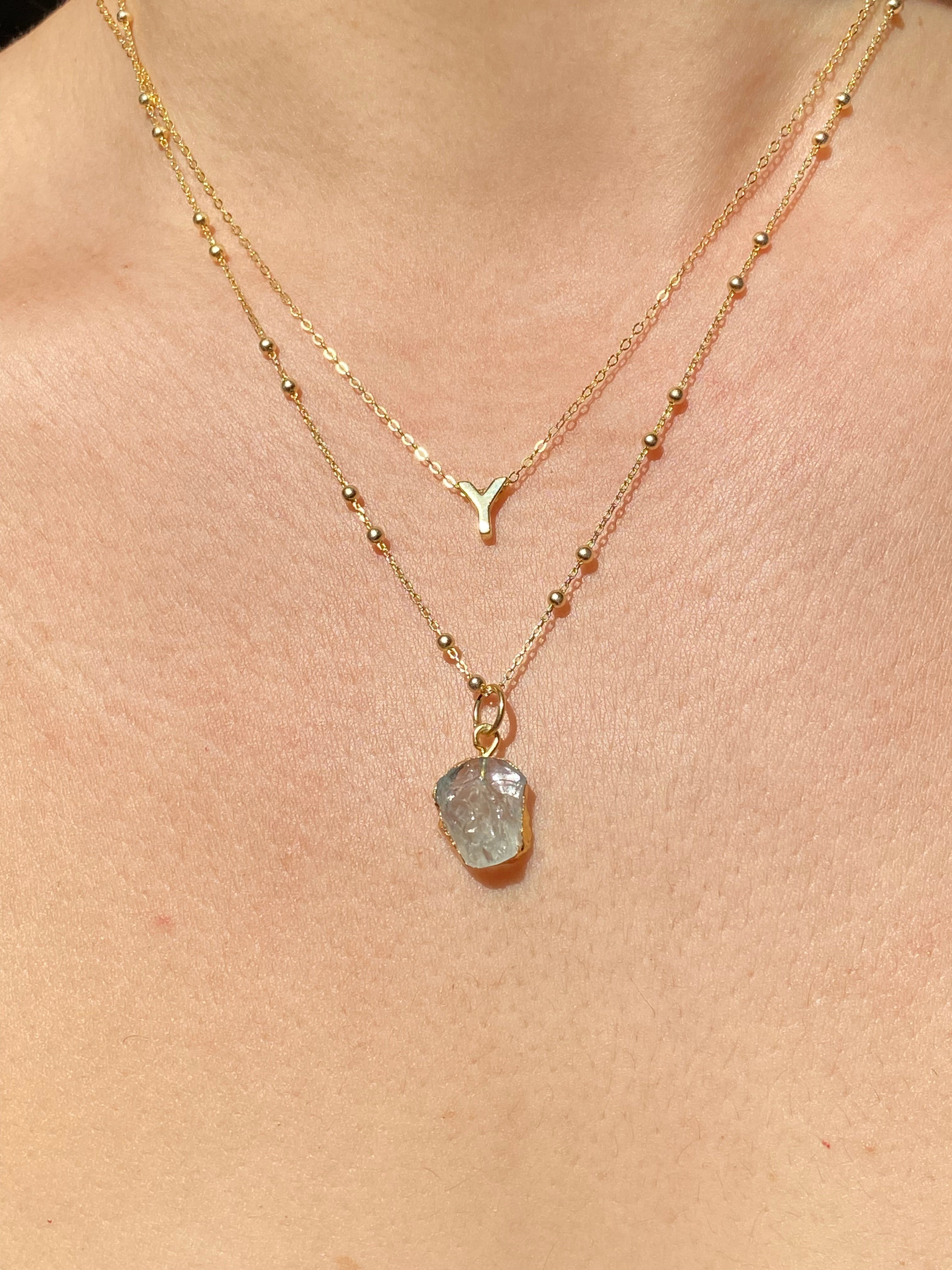 Alphabet + Flat Birthstone Necklace Set - March
