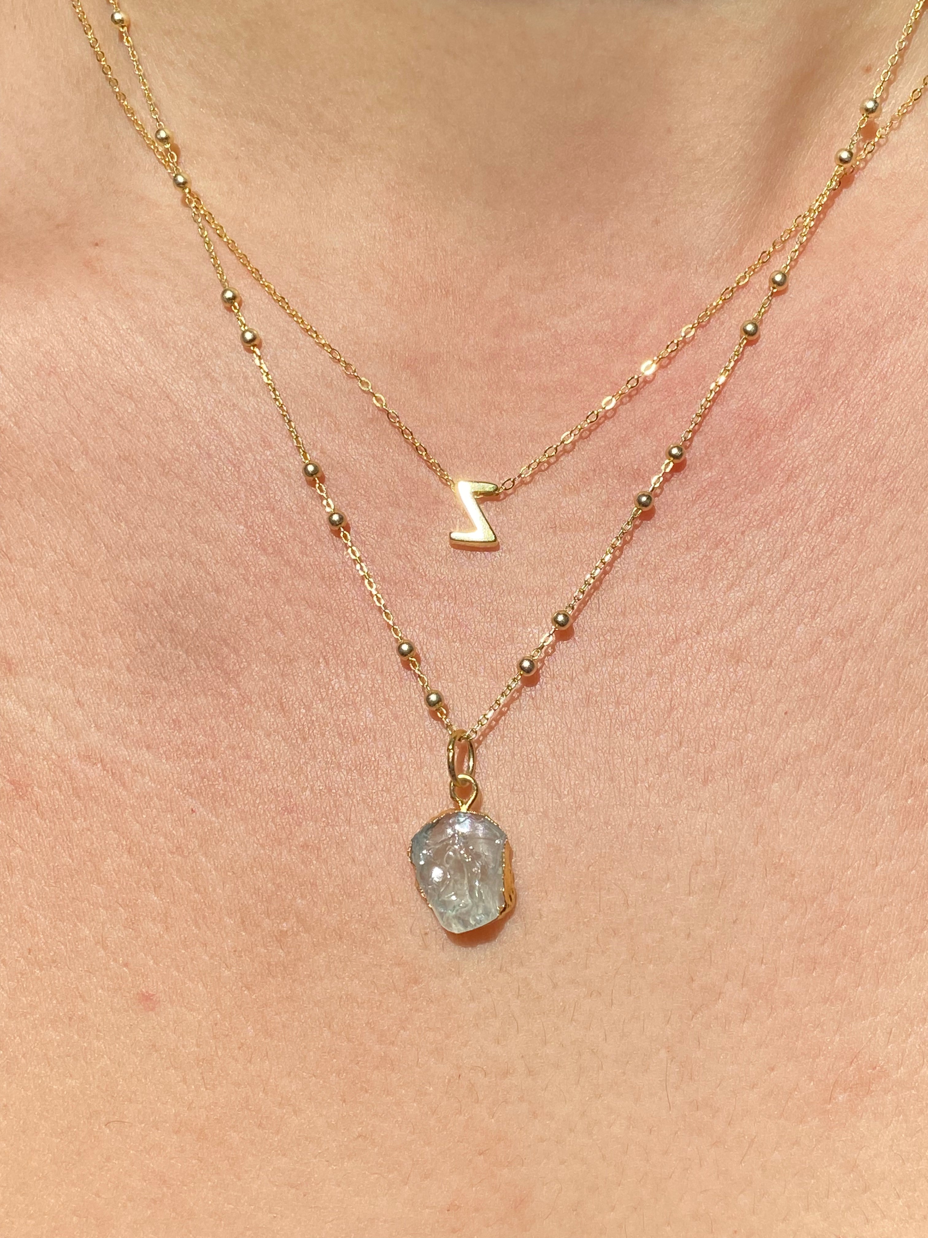 Alphabet + Flat Birthstone Necklace Set - March