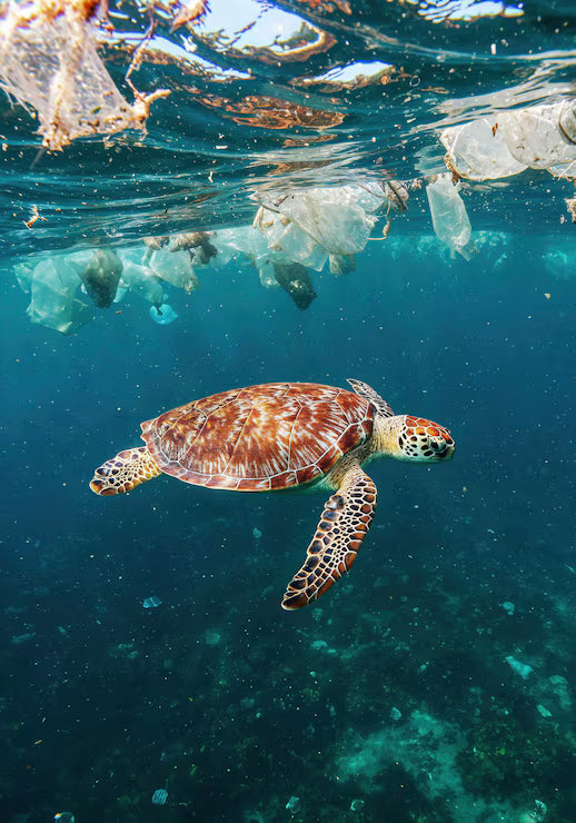 An underwater photograph of a sea turtle swimming in clear blue ocean water, with plastic debris visible on the water surface above.